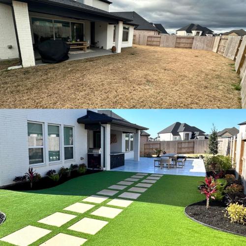 Before & After turf project with paver inserts. Avalon at Friendswood Subdivision, Friendswood. 