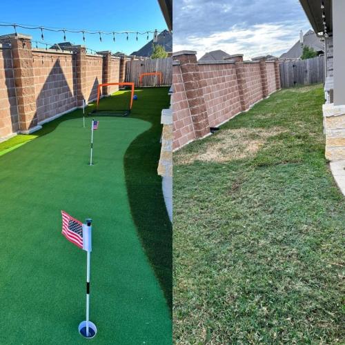 Turf design, putting green, backyard turf, rymar turf. Before & After. Westwood Subdivision, League City. 