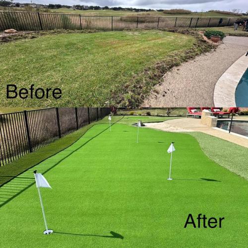 Turf design, putting green, backyard turf, rymar turf. Before & After turf project. Magnolia Creek Subdivision, League City. 