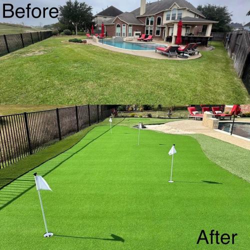 Turf design, putting green, backyard turf, rymar turf. Before & After turf project. Magnolia Creek Subdivision, League City. 